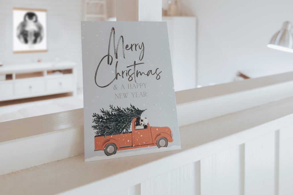 weihnachtskarte truck rot tannenbaum